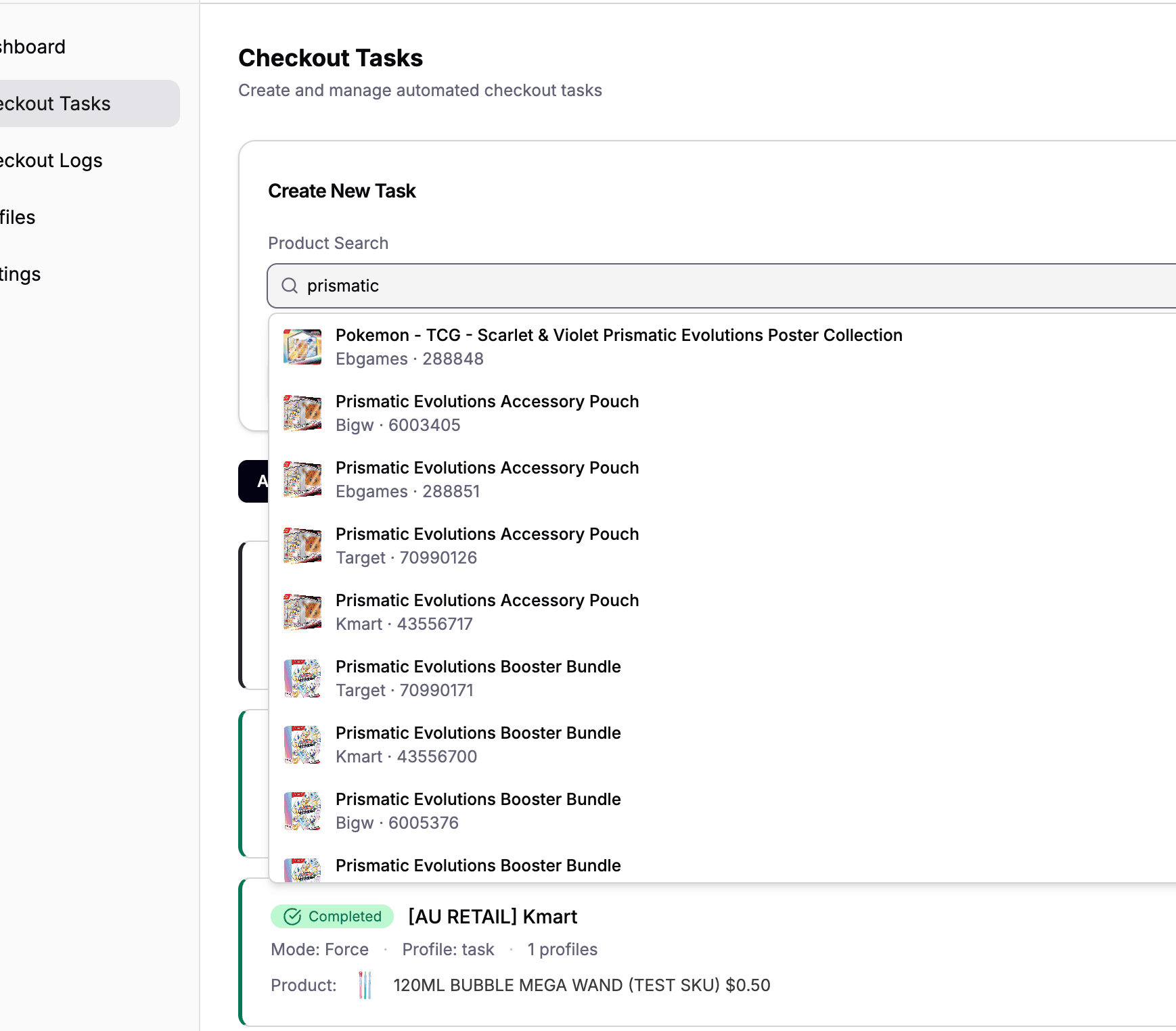 Axen product search showing real-time results across retailers