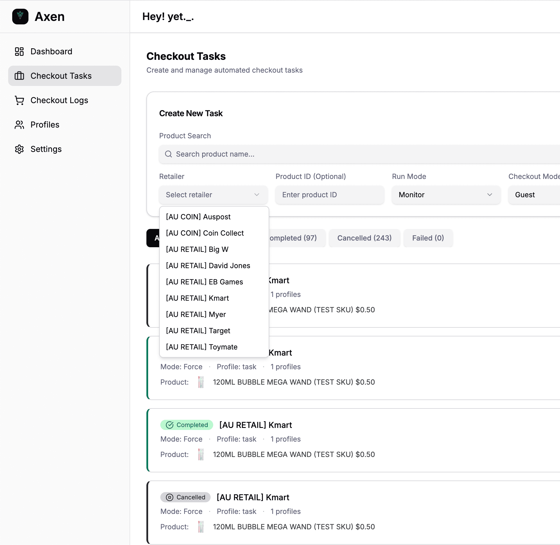 Axen retailer selection showing supported Australian stores